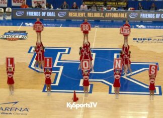 Boyd County Lions cheer squad performs during the 2026 KHSAA UK Healthcare Boys Sweet 16