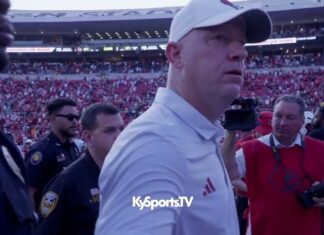 Louisville Cardinals Football HC Jeff Brohm Celebrates on Field After WIN vs #16 SMU